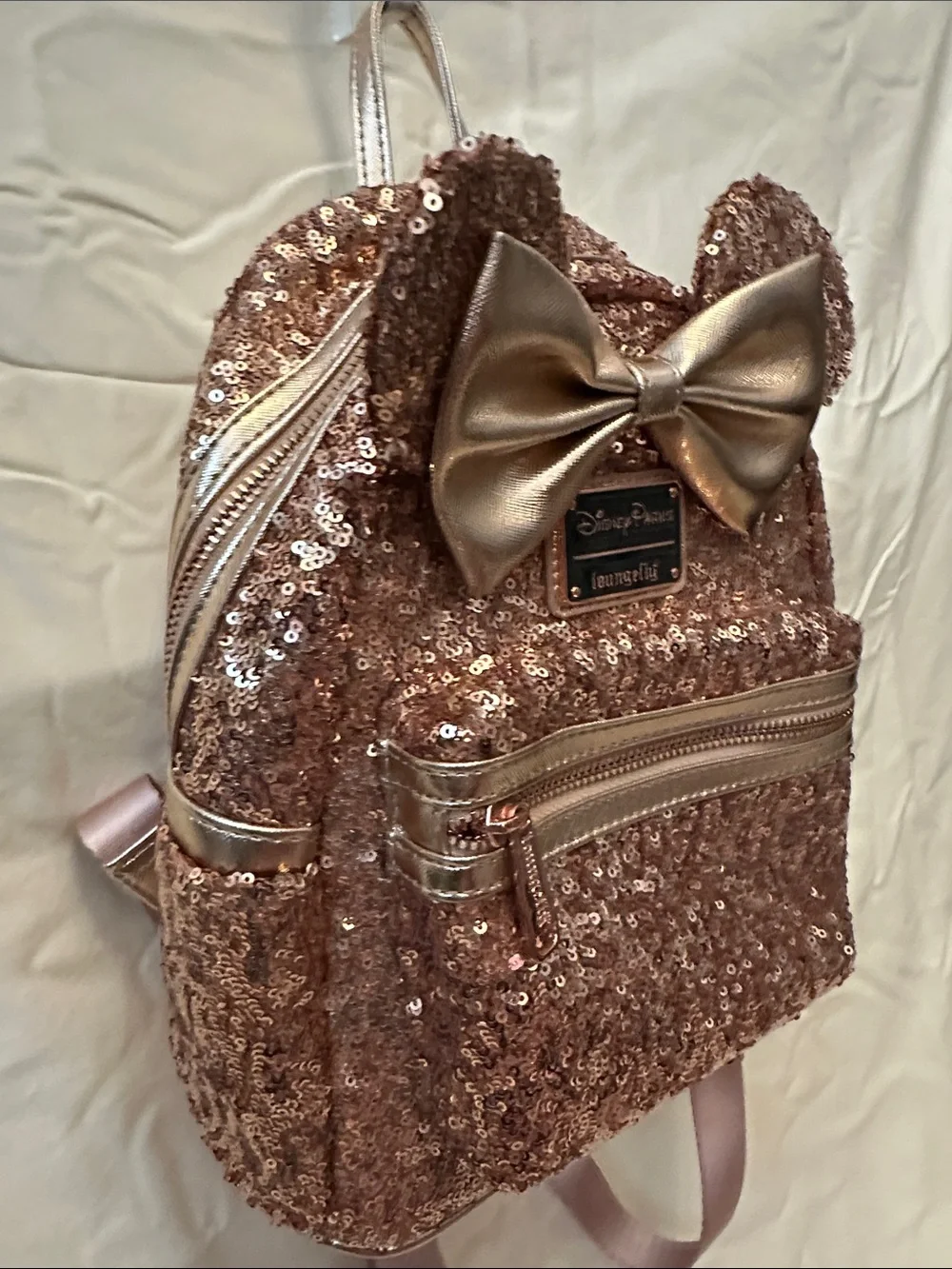 DISNEY PARKS Loungefly Rose Gold Sequin Mini Backpack with Metallic Bow